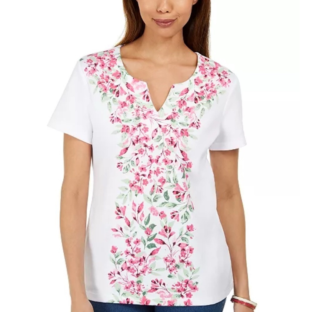Karen Scott White and Pink Floral Blouse NWT